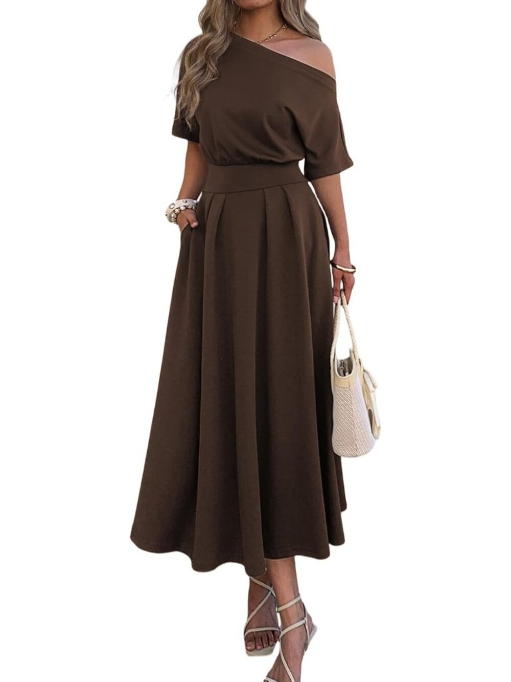 Women's Brown Casual Empire Waist One Shoulder A Line With Pockets Maxi Dresses